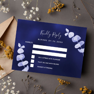Navy blue eucalyptus wedding response RSVP Card