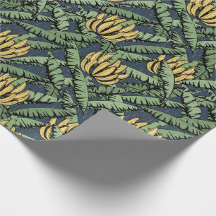 Navy Blue Exotic Yellow Bananas and Leaves Wrapping Paper