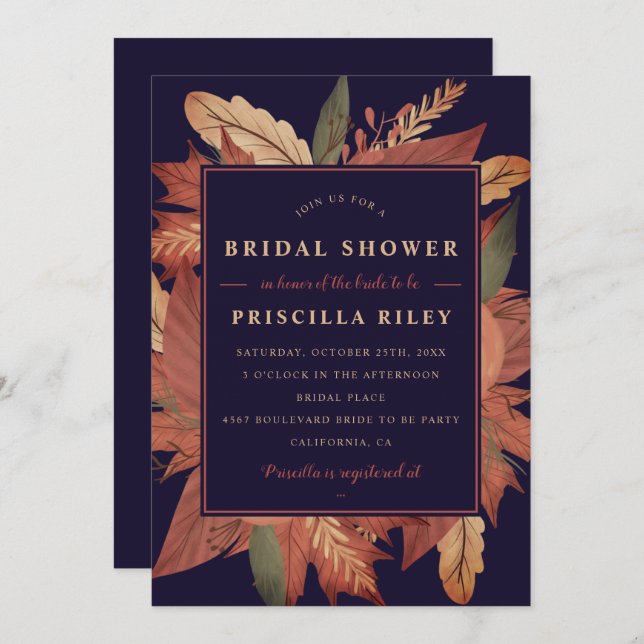 Navy blue fall brown floral bridal shower invitation (Front/Back)