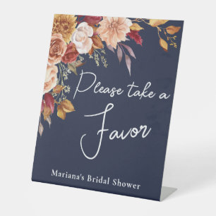 Navy Blue Fall Floral Bridal Shower Favour Pedestal Sign