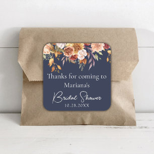 Navy Blue Fall Floral Bridal Shower Favours Square Sticker