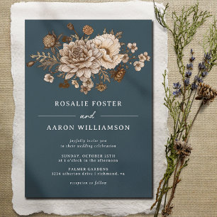 Navy Blue + Fall Floral Formal Moody Boho Wedding Invitation