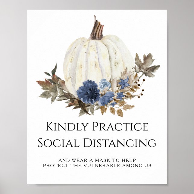 Navy Blue Fall Floral Pumpkin Social Distance Poster (Front)
