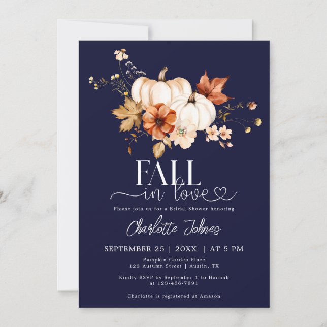 Navy Blue Fall In Love Daisy Pumpkin Bridal Shower Invitation (Front)