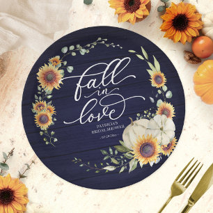 Navy Blue Fall in Love Pumpkin Sunflower Paper Plate