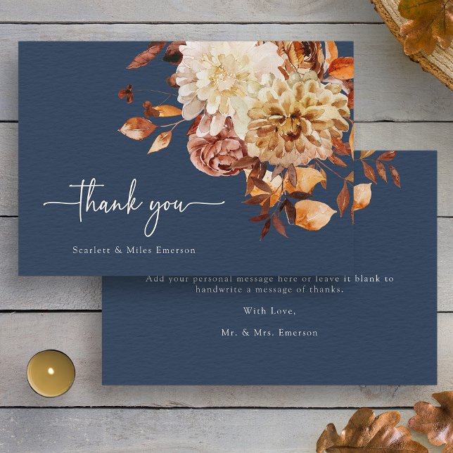 Navy Blue Fall Thank You (Watercolor Navy Blue Fall Floral Thank You Card by Painted Paperie
)