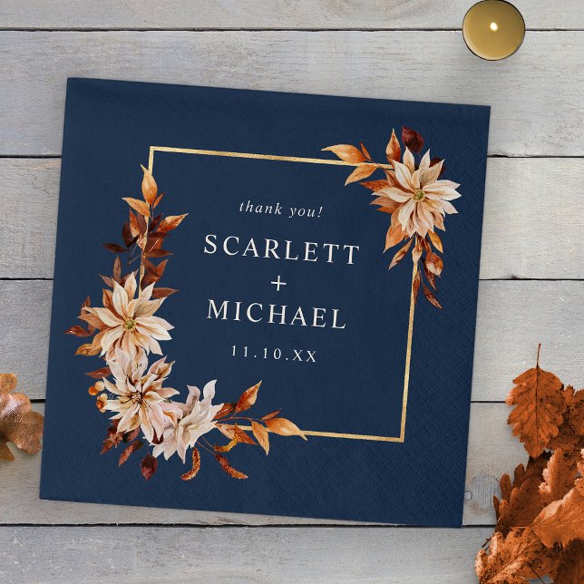 Navy Blue Fall Wedding Napkins (Personalized Navy Blue Fall Floral Gold Frame Wedding Napkins by Painted Paperie

)