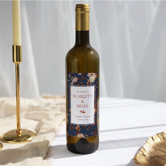 Navy Blue Fall Wine Label (Navy Blue Fall Floral Wine Label by Painted Paperie
)