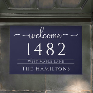 Navy blue family name personalised address doormat