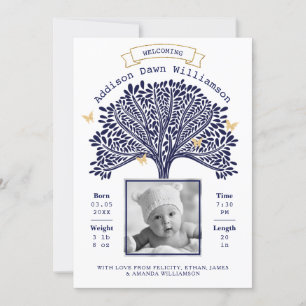 Navy Blue Family Tree Baby Birth Announcement