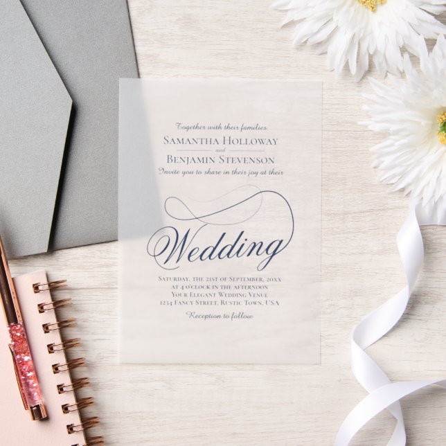 Navy Blue Fancy Script Elegant Wedding Vellum Invitations (Wedding)