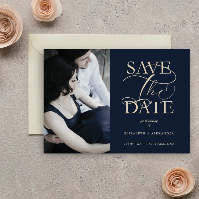 Navy Blue Fancy Trendy Wedding Photo Faux Gold Save The Date (Navy Blue Fancy Trendy Wedding Photo Faux Gold Save the Date Card with Envelope.)
