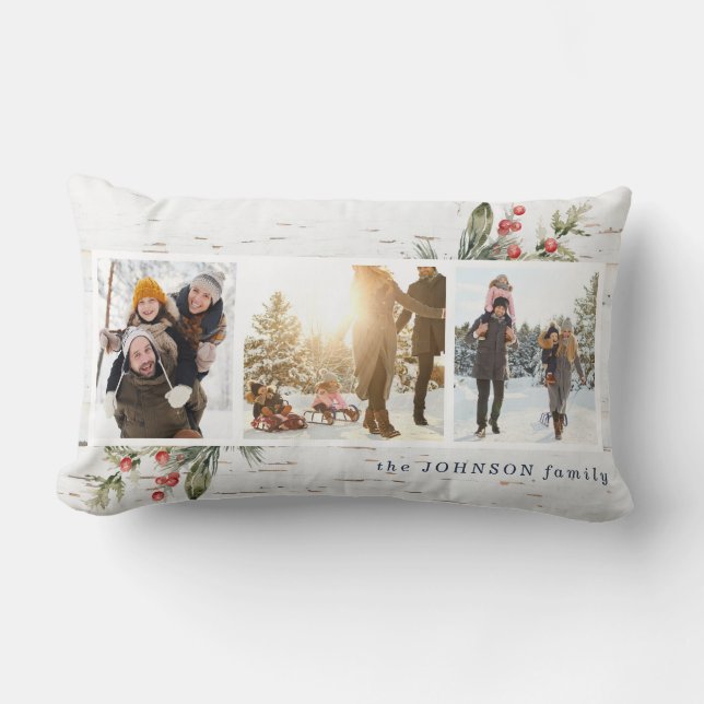 Navy Blue Farmhouse Photo Collage Plaid Xmas  Lumbar Cushion (Front)