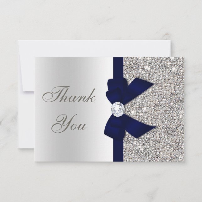 Navy Blue Faux Bow Silver Sequins Thank You (Front)