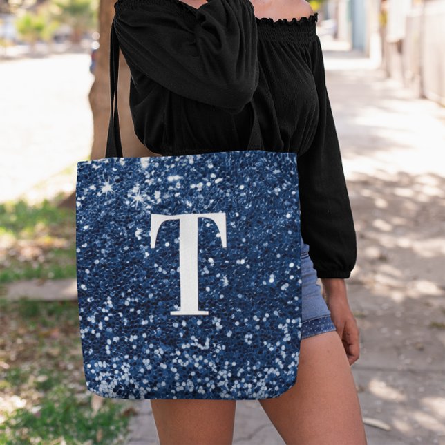 Navy Blue Faux Glitter Bokeh Sparkly Monogram Tote Bag (Navy Blue Chunky Glitter Monogram Tote Bag)