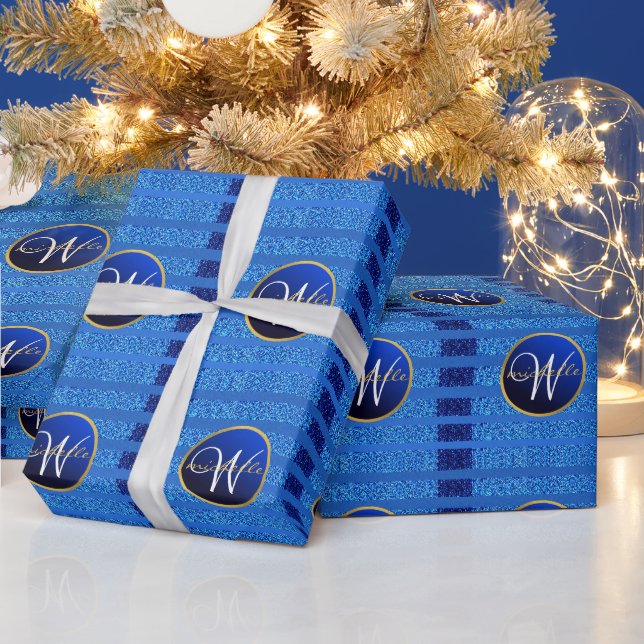 Navy Blue Faux Glitter Bokeh Sparkly Monogram Wrapping Paper (Holidays)