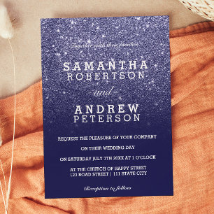 Navy blue faux glitter ombre chic wedding invitation