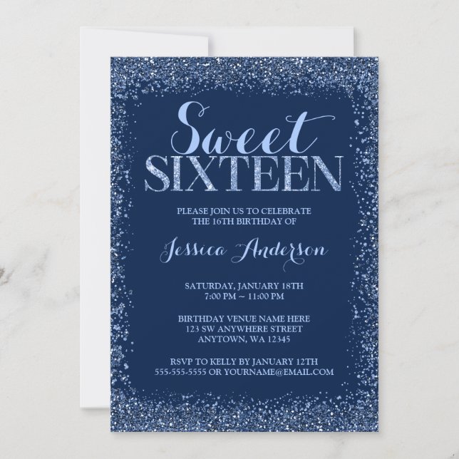 Navy Blue Faux Glitter Sweet 16 Birthday Invitation (Front)