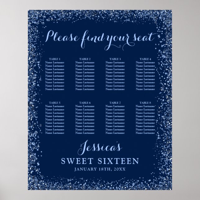 Navy Blue Faux Glitter Sweet 16 Seating Chart (Front)