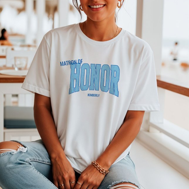 Navy + Blue Faux Glitter Varsity MATRON OF HONOR T-Shirt (Personalize with names, dates, locations or events)