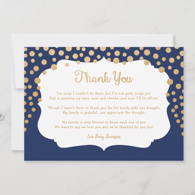 Navy Blue faux gold baby shower thank you note (Front)