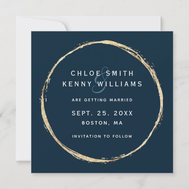 Navy Blue Faux Gold Circle Photo Wedding Save The Date (Front)