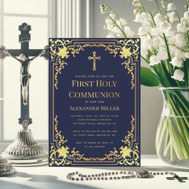 Navy Blue Faux Gold Elegant Boy First Communion Invitation (Creator Uploaded)