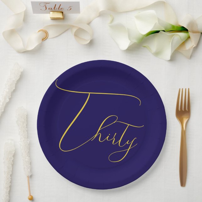 Navy Blue & Faux Gold Foil 30th Birthday  Paper Plate (Wedding)