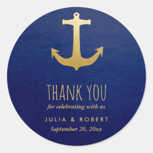 Navy Blue Faux Gold Foil Anchor Wedding Thank You Classic Round Sticker