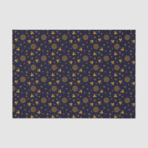 Navy Blue Faux Gold Foil Floral Leaves Tissue Paper