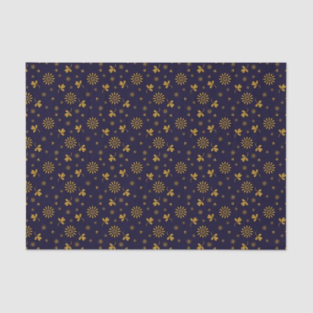 Navy Blue Faux Gold Foil Floral Leaves Tissue Paper (Front)