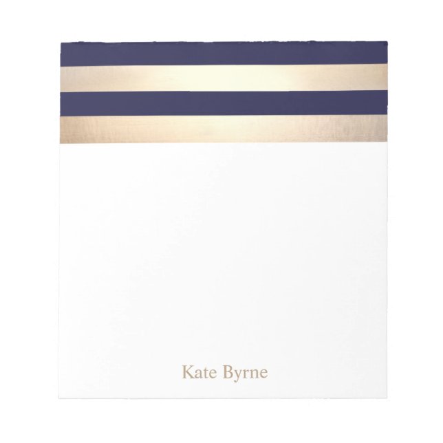 Navy Blue Faux Gold Foil Stripes Name Notepad (Front)