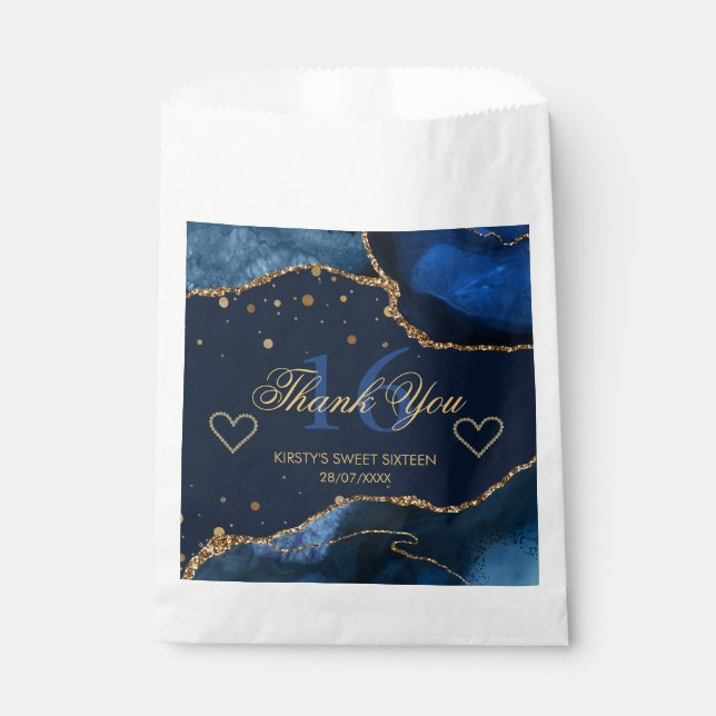 Navy Blue & Faux Gold Glitter Agate Sweet 16 Favour Bags (Front)