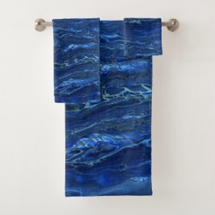 Navy Blue & Faux Gold Marble Acrylic Abstraction Bath Towel Set