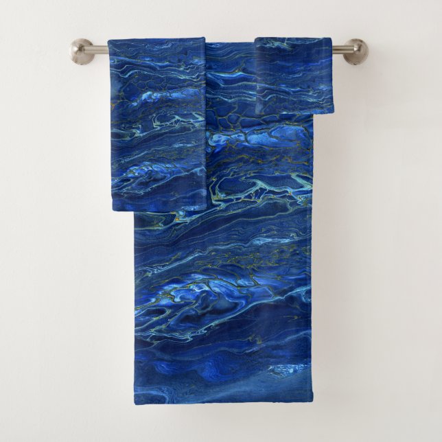 Navy Blue & Faux Gold Marble Acrylic Abstraction Bath Towel Set (Insitu)
