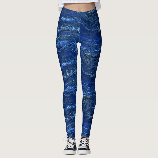 Navy Blue & Faux Gold Marble Acrylic Abstraction Leggings (Front)