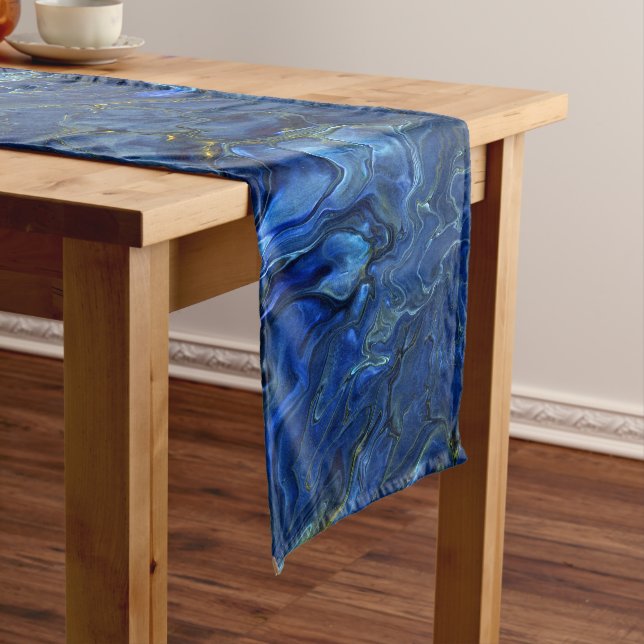 Navy Blue & Faux Gold Marble Acrylic Abstraction Short Table Runner (In Situ)