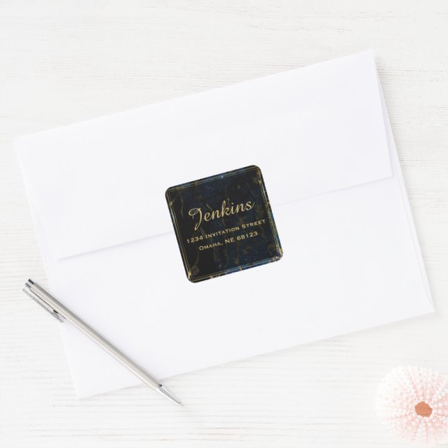 Navy Blue & (Faux) Gold Marble Return Address Square Sticker (Envelope)
