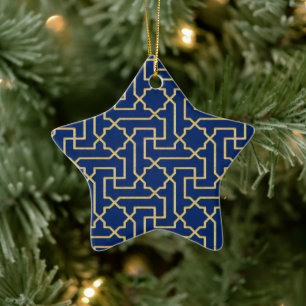 Navy Blue & Faux Gold Moroccan Mosaic Pattern  Ceramic Tree Decoration