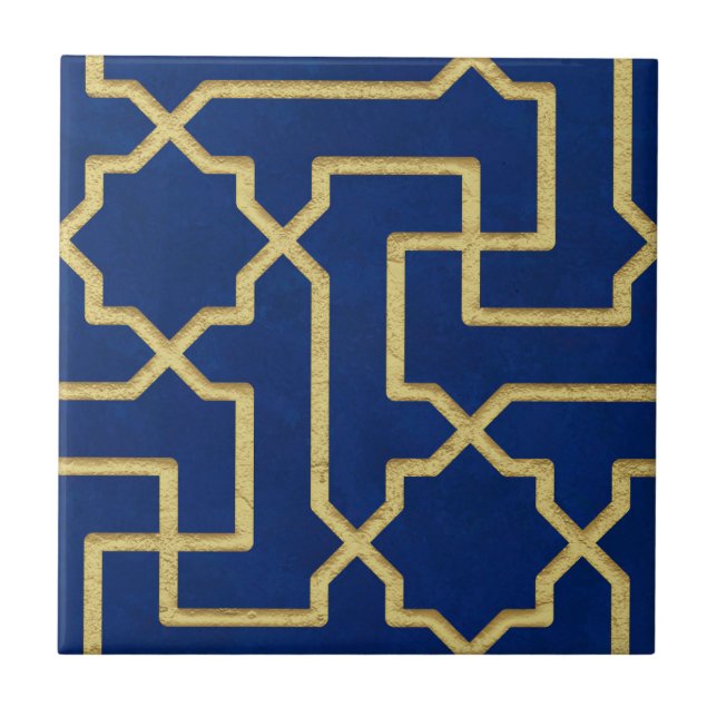 Navy Blue & Faux Gold Moroccan Mosaic Pattern  Tile (Front)