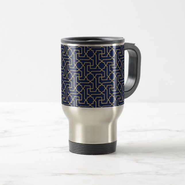 Navy Blue & Faux Gold Moroccan Mosaic Pattern  Travel Mug (Front Right)