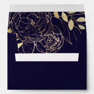Navy Blue & Faux Gold Peony Modern Floral Wedding Envelope