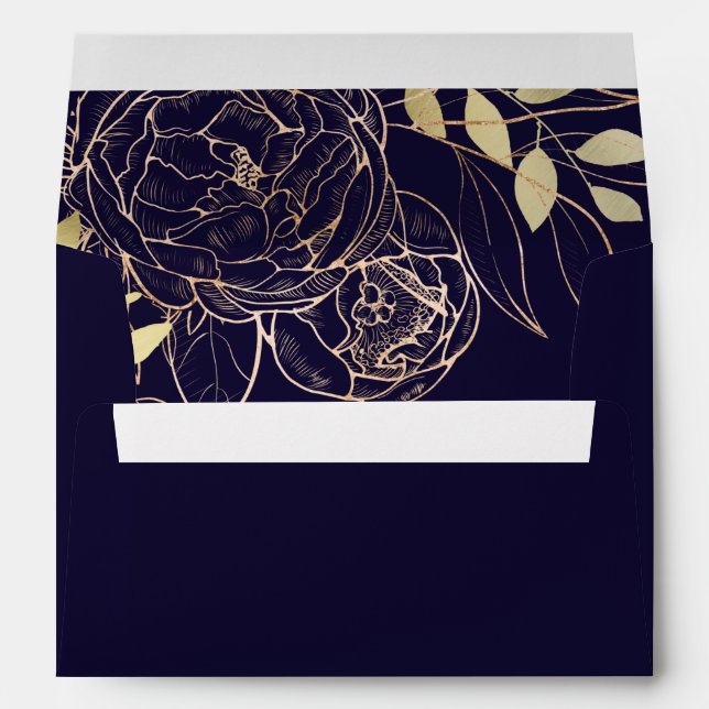 Navy Blue & Faux Gold Peony Modern Floral Wedding Envelope (Back (Bottom))