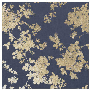Navy blue faux gold shabby vintage chic floral fabric