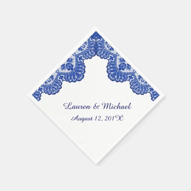 Navy Blue Faux Lace on White Wedding Napkin (Corner)
