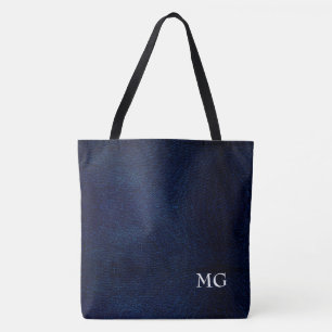 Navy Blue Faux Leather Monogram Tote Bag