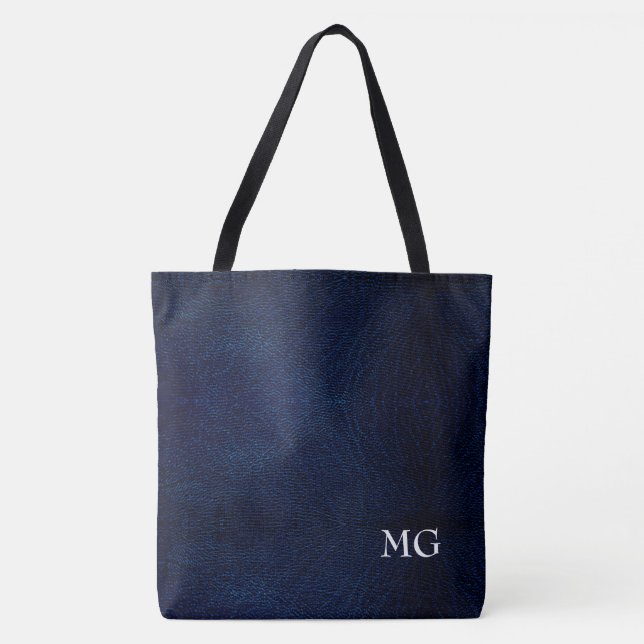 Navy Blue Faux Leather Monogram Tote Bag (Front)