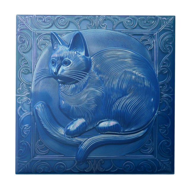 Navy Blue faux relief Art Nouveau Cat Tile (Front)