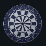 Navy Blue Faux Silver Custom Family Name Geometric Dartboard<br><div class="desc">A classic dartboard design with alternating  navy blue and faux silver foil triangles. 

Above and below there are the name and a message as arched text,  in grey caps.</div>
