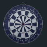 Navy Blue Faux Silver Custom Family Name Geometric Dartboard<br><div class="desc">A classic dartboard design with alternating  navy blue and faux silver foil triangles. 

Above and below there are the name and a message as arched text,  in grey caps.</div>